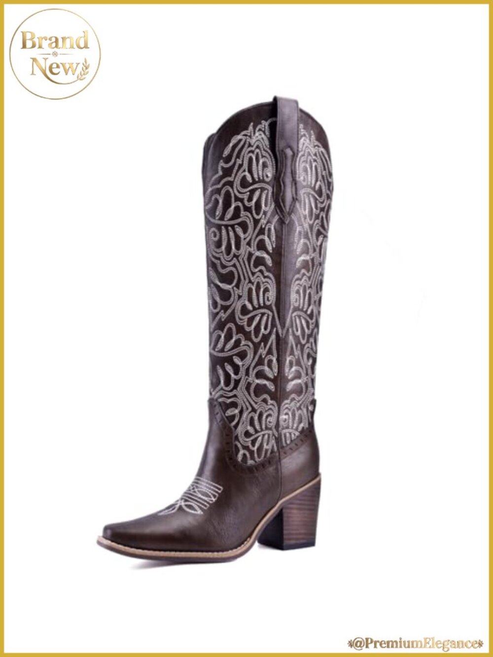 Women's Embroidered Knee High Western Cowboy Boots Snip Toe Chunky Heel Faux